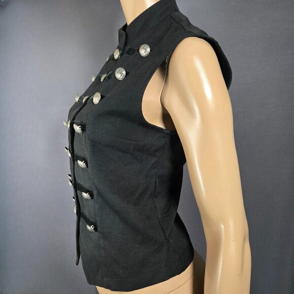 Vintage 90s Le Chateau Goth Military Waistcoat Vest Size M Black Velvet Trim - Picture 7 of 12